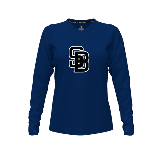 [CUS-DFW-TEES-CMF-VNK-LSL-NVY-FYXS-LOGO3] Decker Comfort T-Shirt (Female Youth XS, Navy, V Neck, Logo 3, Long Sleeve)